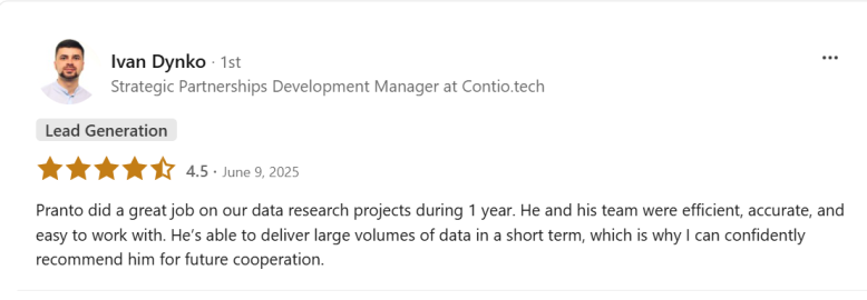 Original client feedback screenshot from Ivan Dynko, supporting the paraphrase on this page.