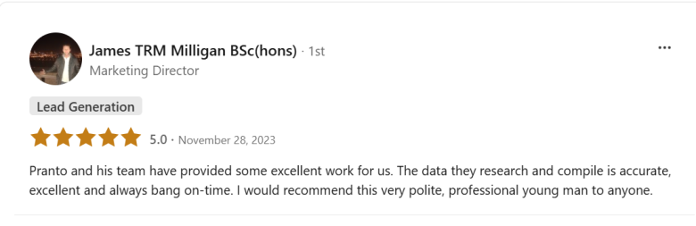 Original client feedback screenshot from James TRM Milligan BSc(hons), supporting the paraphrase on this page.